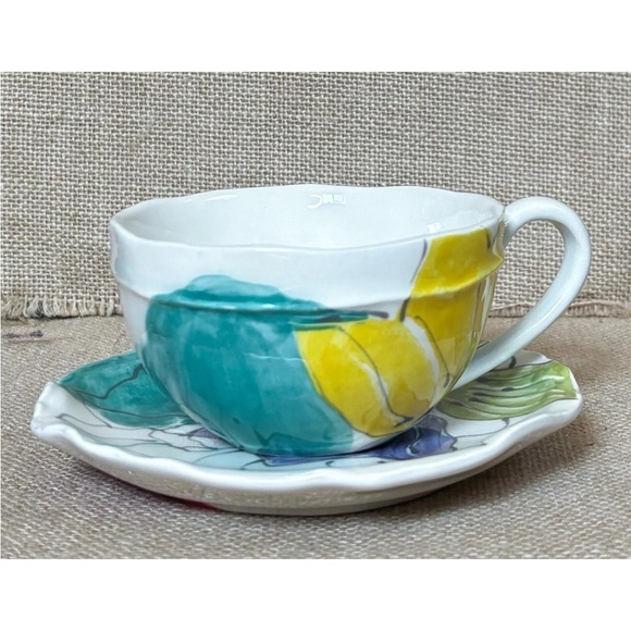 Anthropologie ? Shabby Floral Teacup And Saucer Set Hand Painted Portugal READ - Picture 3 of 8